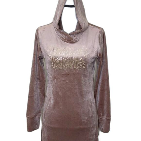 $69 CALVIN KLEIN VELOUR HOODED DRESS GOLD STUDS PULLOVER WOMENS - Picture 1 of 5